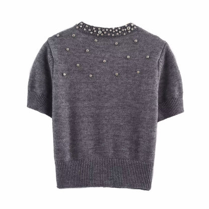 Spring round Neck Short Sleeve Jewelry Inlaid Rib round Neck ShortSleeved Knitted Cardigan