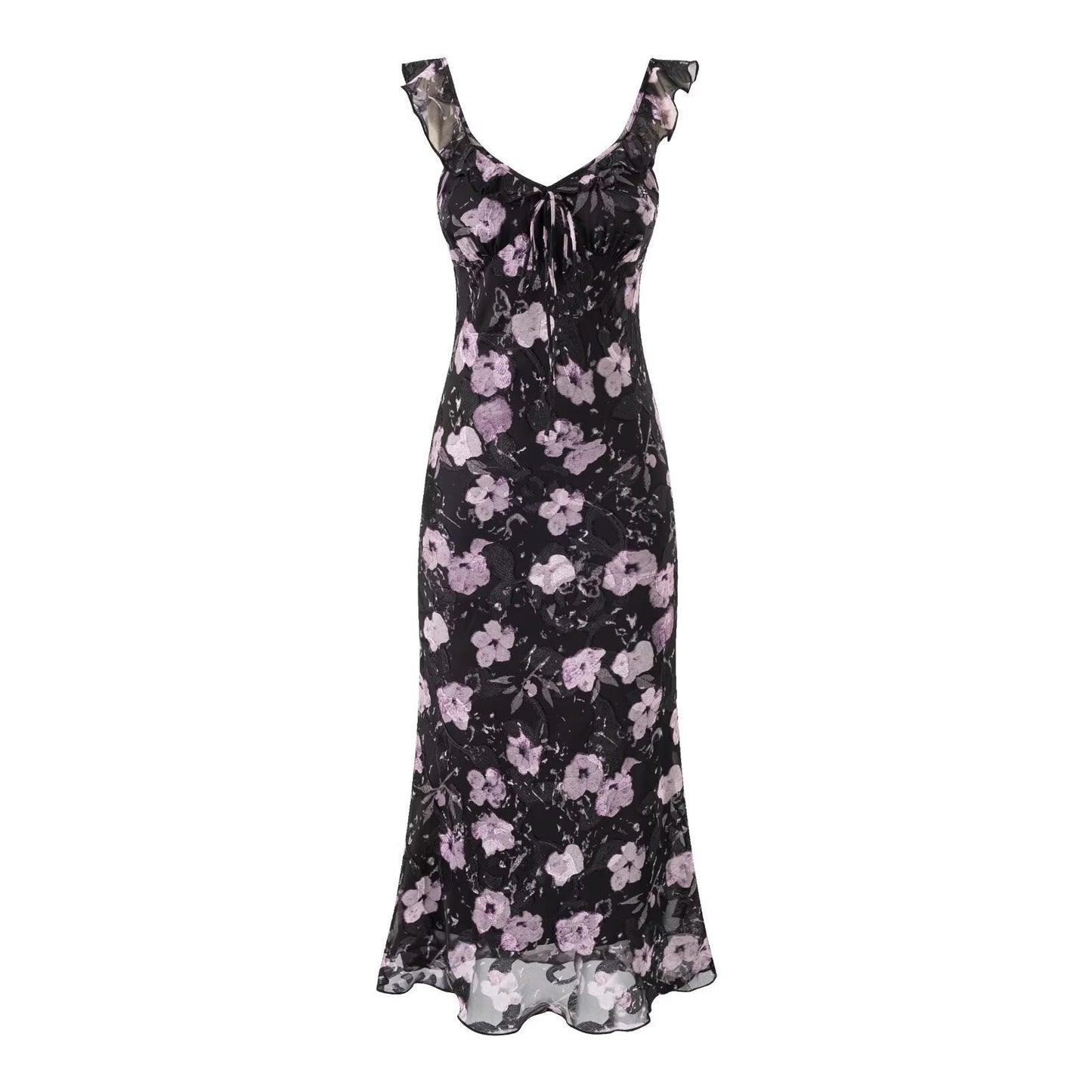 Vacation Ruffled V neck Lace up Printed Fishtail Suspender Skirt Waisted Slim Fit Package Hip Maxi Dress