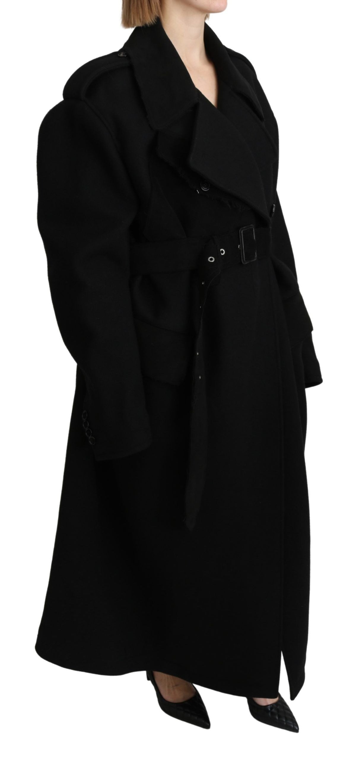 Dolce & Gabbana Black Virgin Wool Belted Trench Coat
