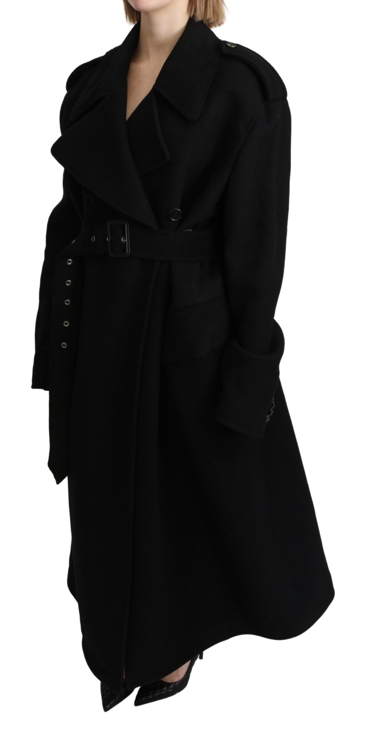 Dolce & Gabbana Black Virgin Wool Belted Trench Coat