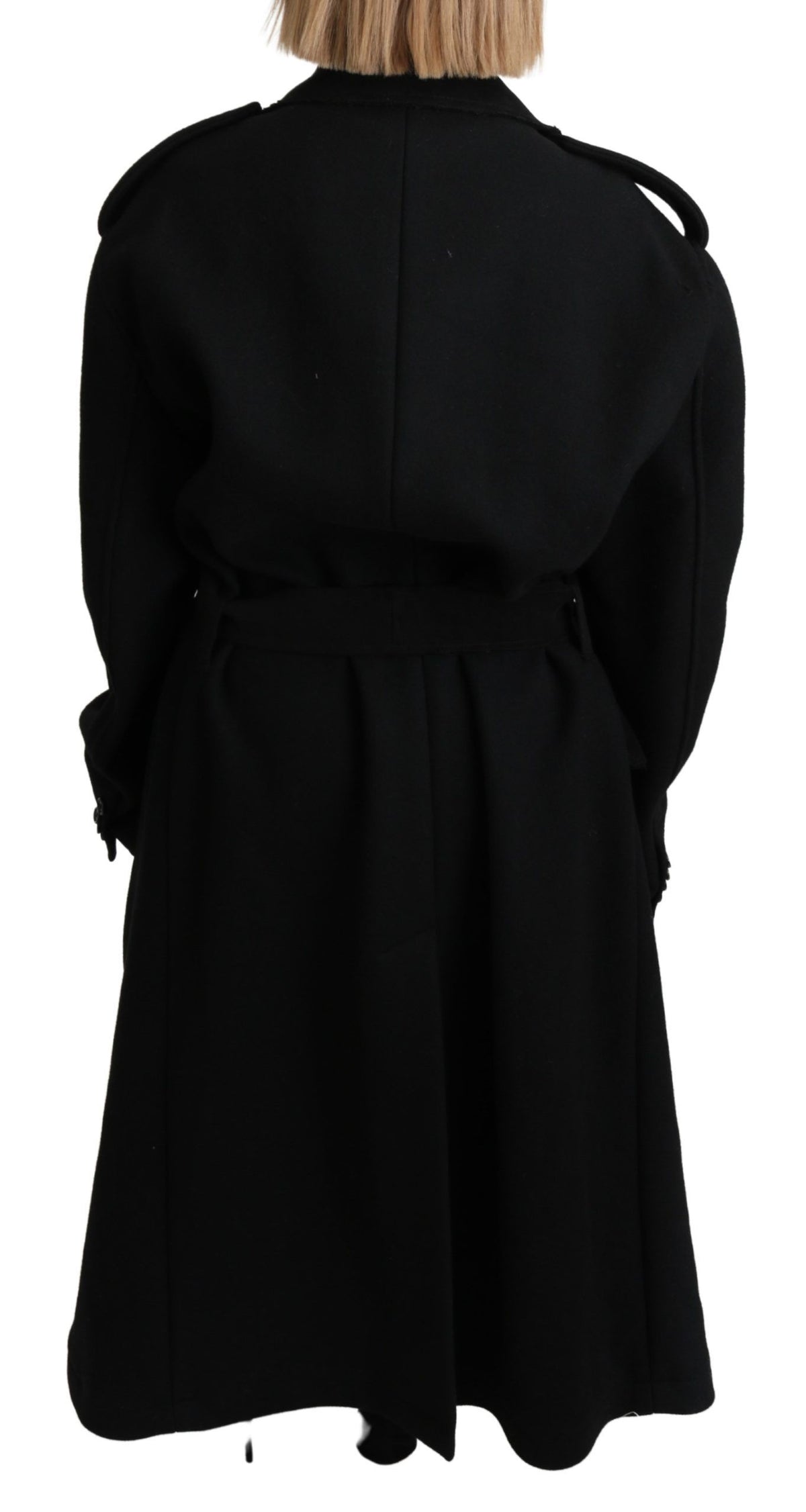 Dolce & Gabbana Black Virgin Wool Belted Trench Coat