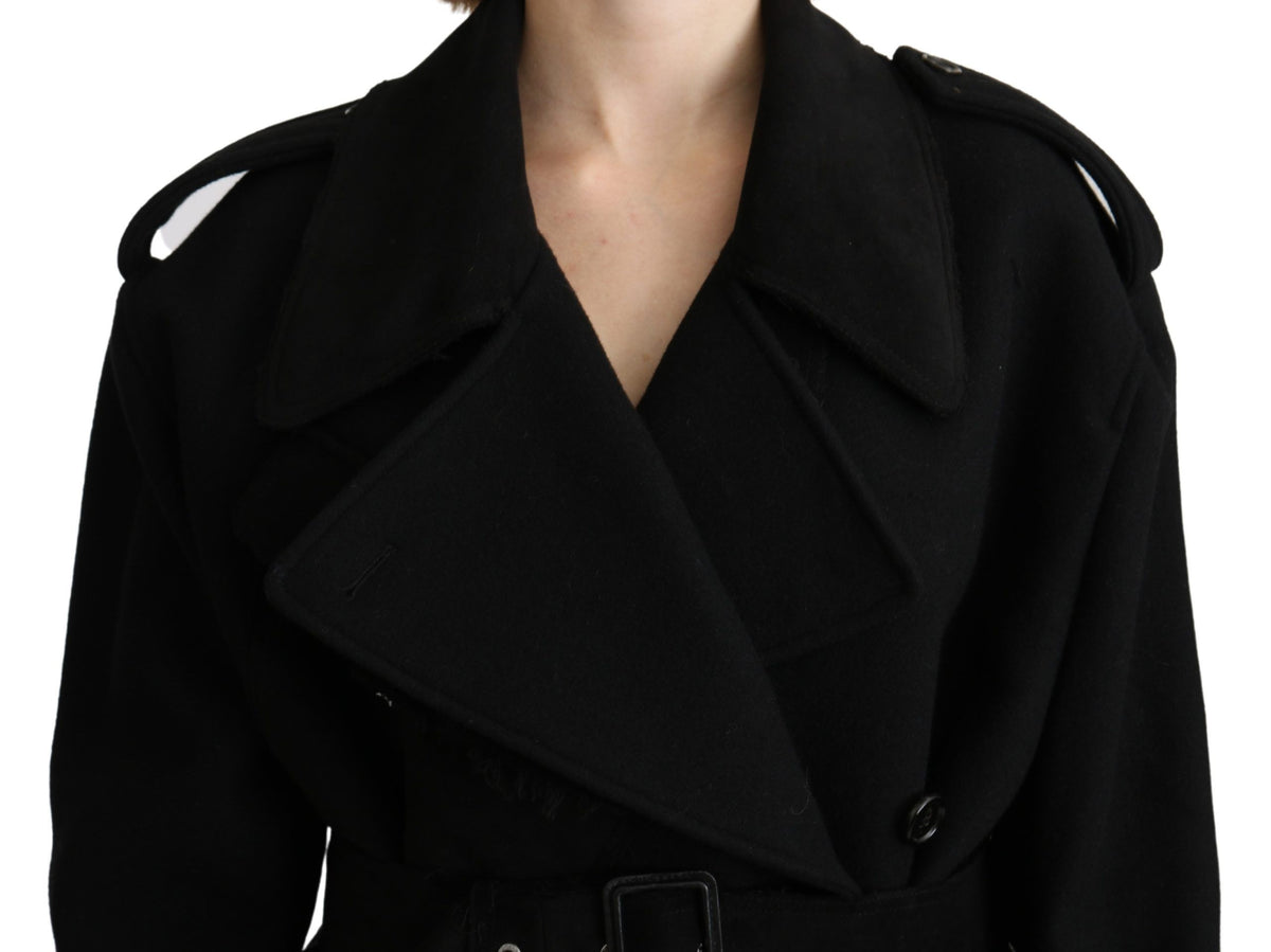 Dolce & Gabbana Black Virgin Wool Belted Trench Coat