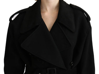 Dolce & Gabbana Black Virgin Wool Belted Trench Coat
