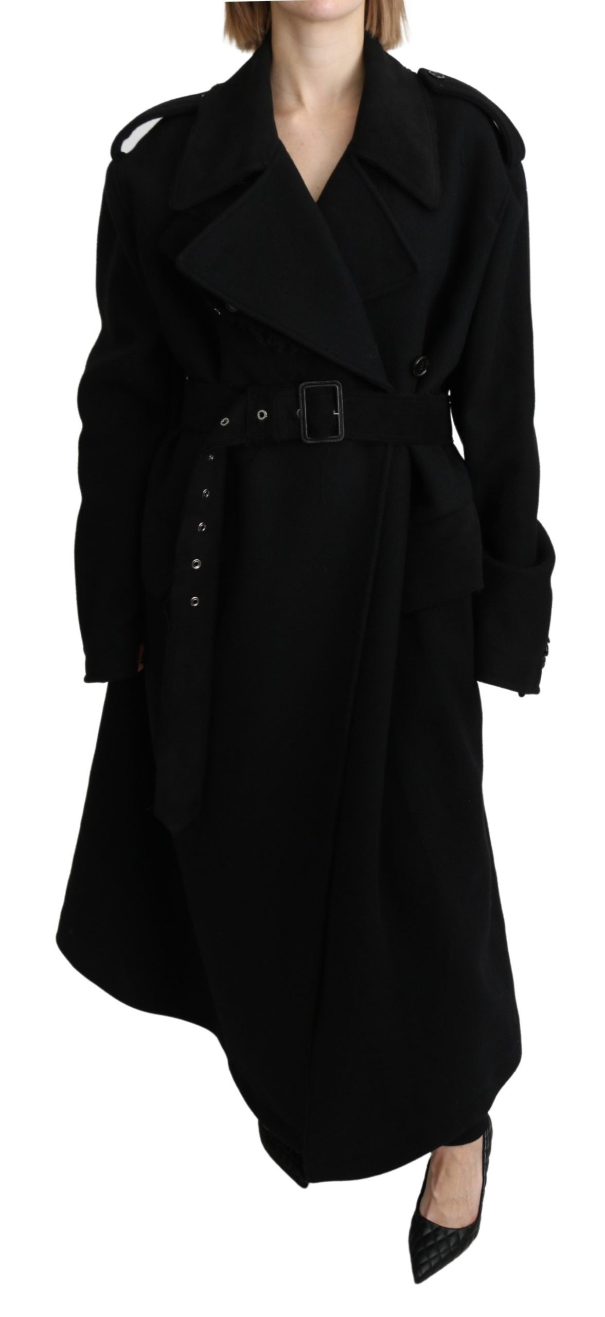 Dolce & Gabbana Black Virgin Wool Belted Trench Coat