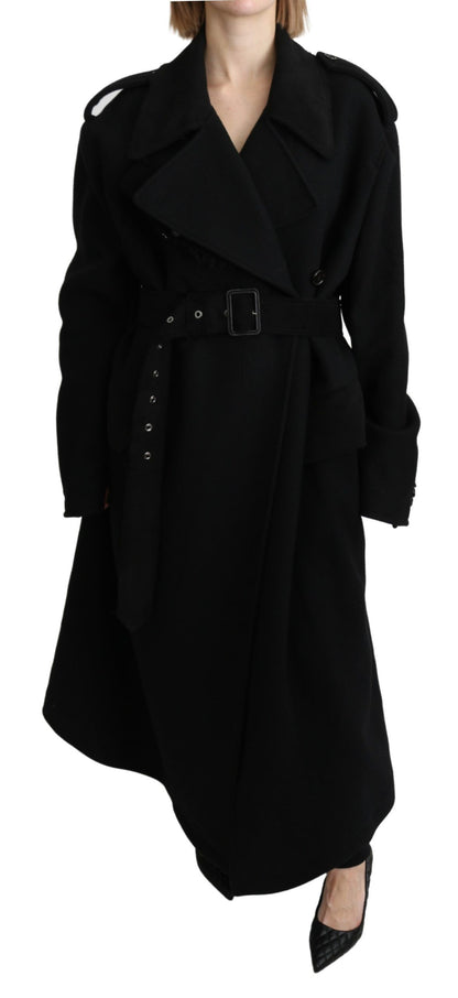 Dolce & Gabbana Black Virgin Wool Belted Trench Coat
