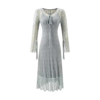 Summer Vintage Adult Woman Casual Drawstring Strap Flattering Figure Dress
