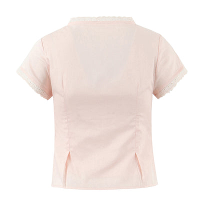 Women Lace Flying Sleeve Top Stitching High Waist Elastic Waist Skirt Sets