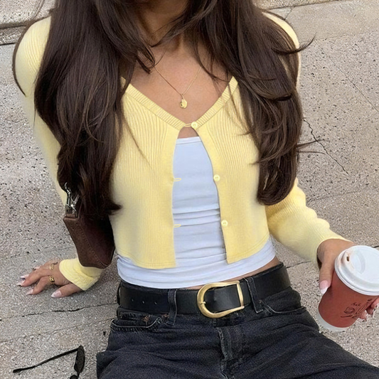 Women Clothing Summer Sexy Cardigan Button Cropped Long Sleeve T shirt Top