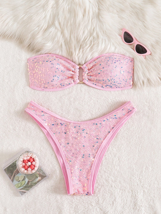 Split Sequ Solid Color Sexy Tube Top Banded Bikini