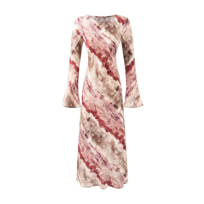 Vintage Printed Chic Flared Long Sleeve Vacation Dress round Neck Maxi Dress