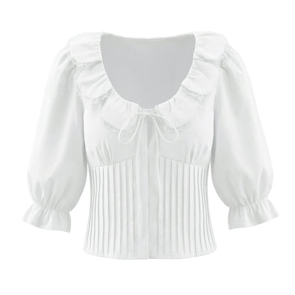 French Sweet Design Petal Scoop Lace Stitching Ruffle Slim Shirt Solid Color Tied Top