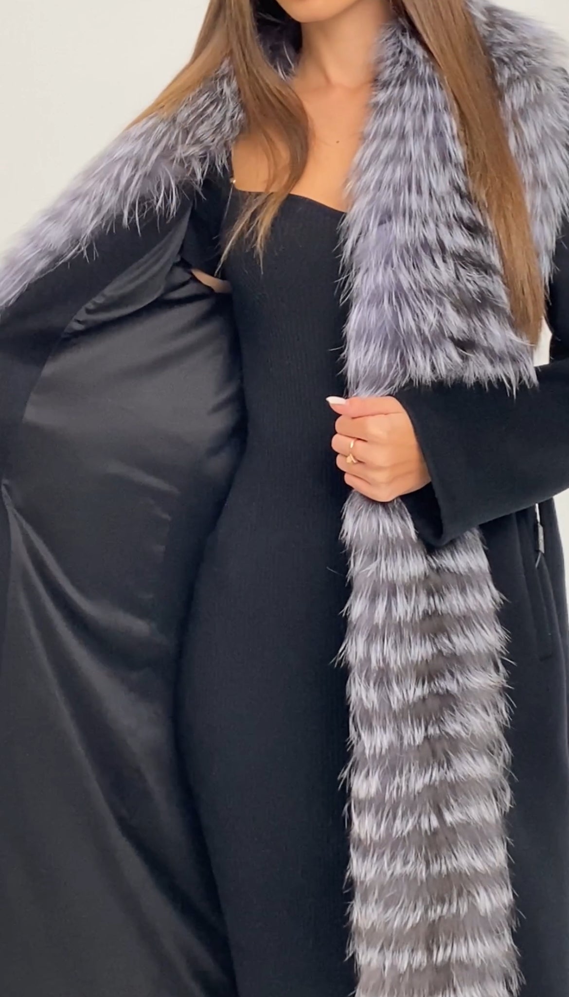 Silver Fox Virgin Wool Wrap Coat in Black