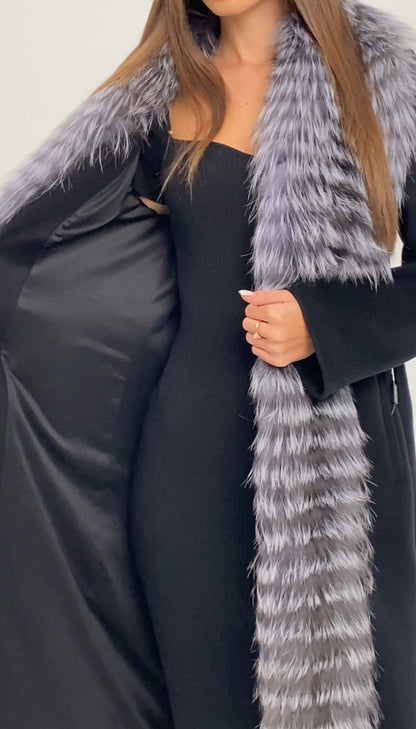 Silver Fox Virgin Wool Wrap Coat in Black