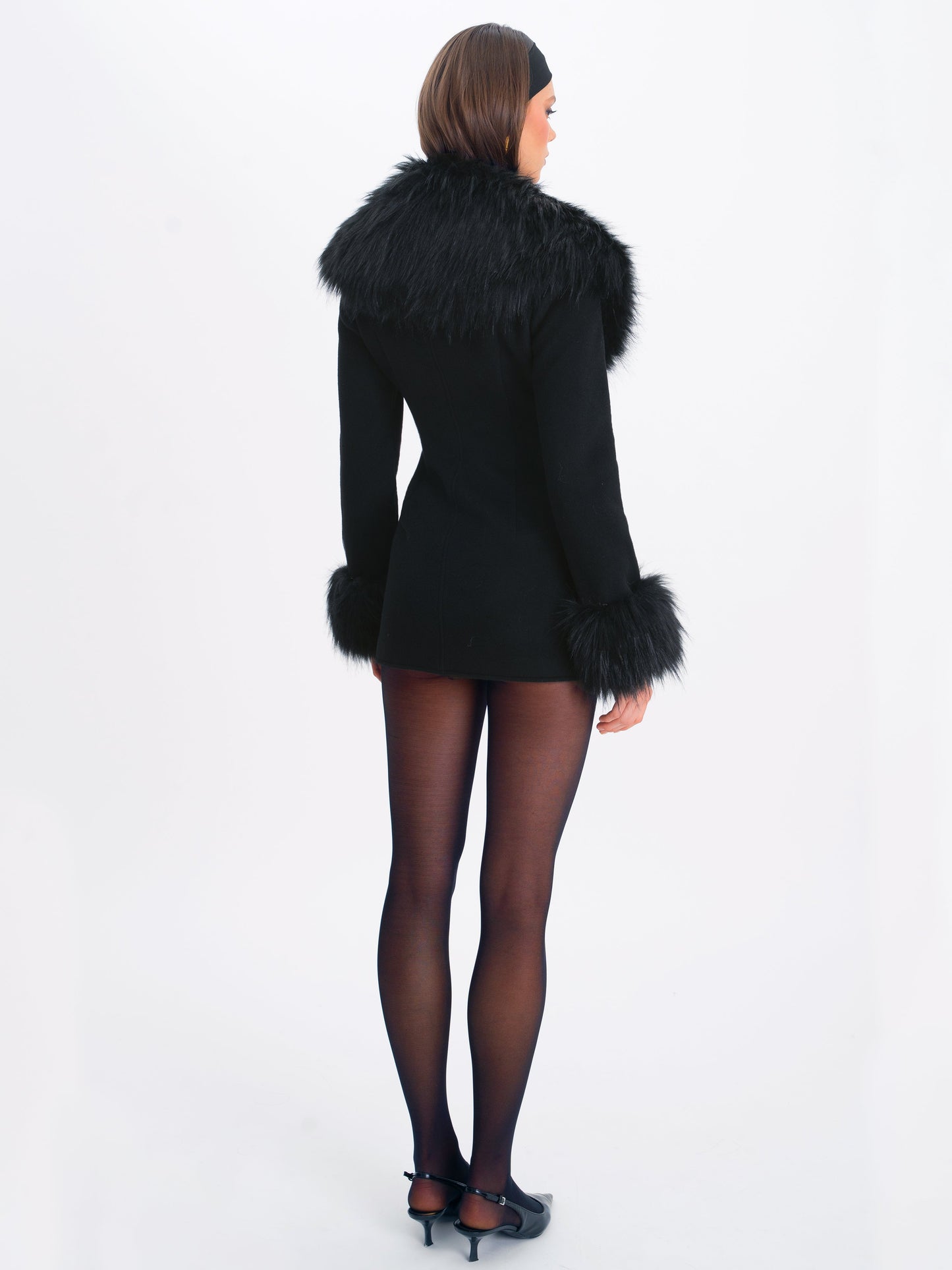 Hailee Black Single Breasted Wool Blend Mini Coat with Removable Fur Lapel