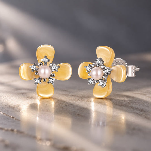 Sterling Silver Nacre, Synthetic Pearl and CZ Earrings