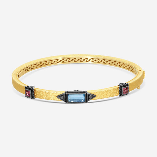 KONSTANTINO - "Callas" (Bangle) - 18K Gold Blk Diamond Swiss Blue Topaz Bracelet - BLK DIA:0.088ctw.; Swiss Blue TOP, Pink Tourmaline - BMK07053-18KT-506