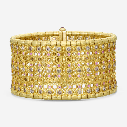 KONSTANTINO - "Melissa" (Cuff) - 18K Gold Bracelet - Brown Diamonds; Pink SAP; Ruby - BMK07045-18KT-425

Length: 7 INCHES
Retail $42,130.00