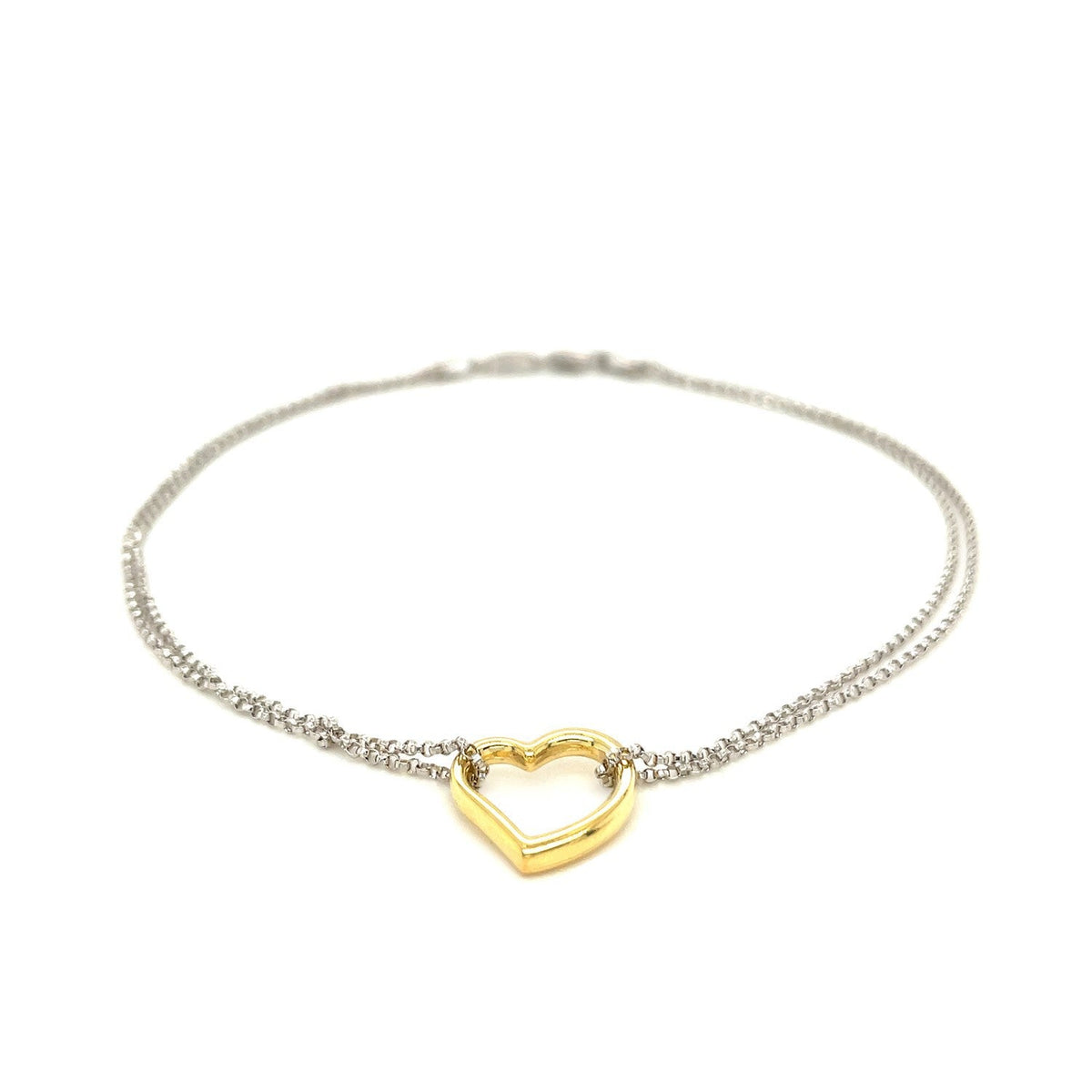 14K Yellow Gold and Sterling Silver Open Heart Station Anklet