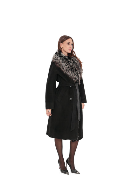 Genuine Silver Fox Cashmere Blend Coat