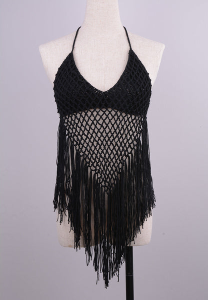 Internet Hand Woven Beach Hollow Out Cutout Tassel Split Swimsuit Set Factory Direct