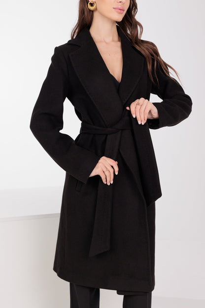 Geneva Classic Wraparound Wool Blend Overcoat in Black