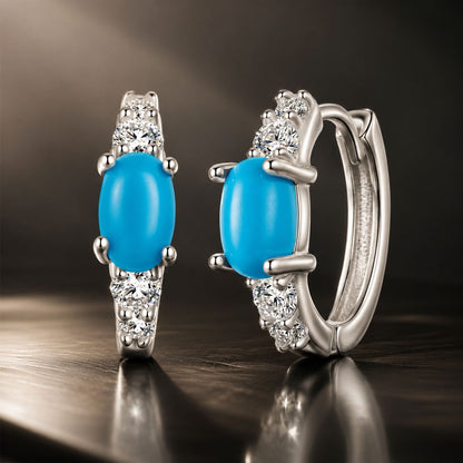 Sterling Silver White Gold Plated Synthetic Turquoise and CZ Hoop Earrings