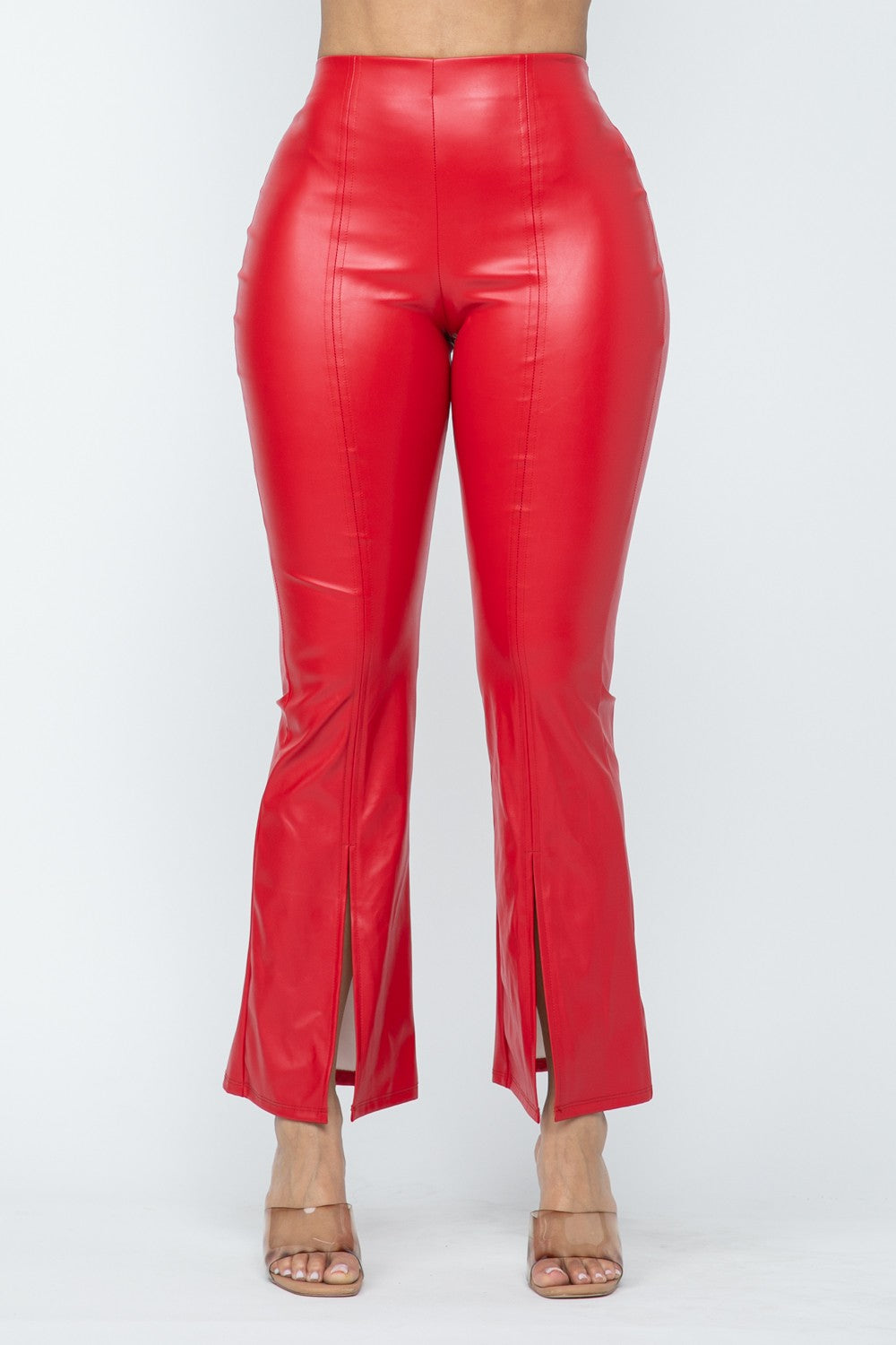 Scarlet Stunner Faux Leather High-Waisted Front Slit Flare Pants