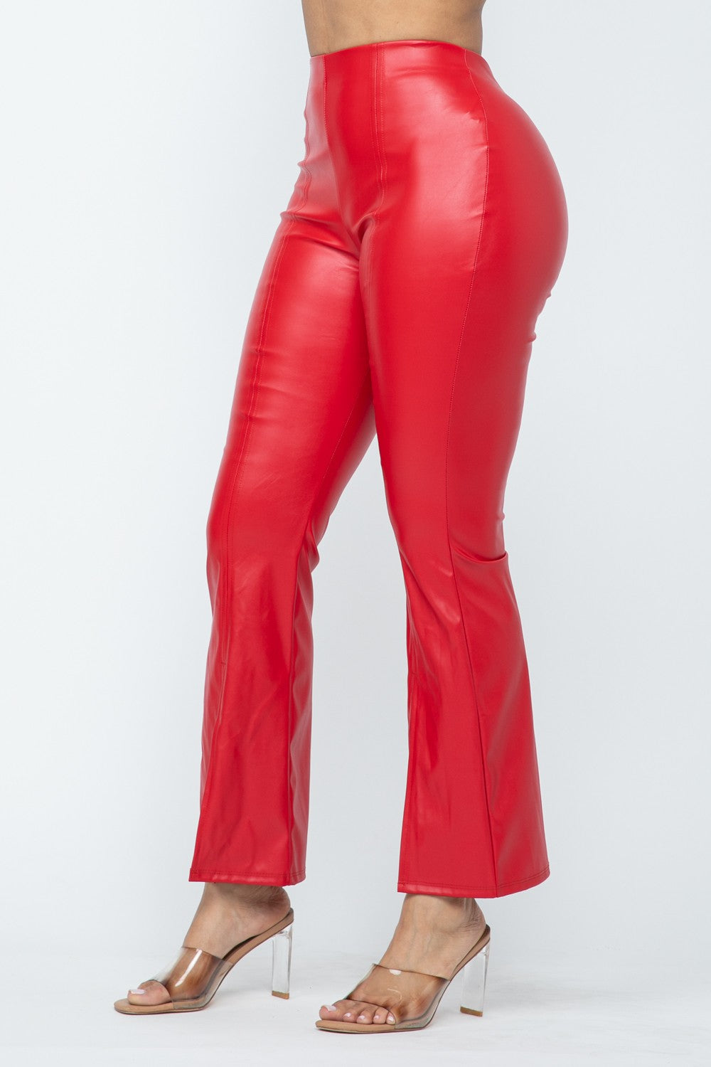 Scarlet Stunner Faux Leather High-Waisted Front Slit Flare Pants