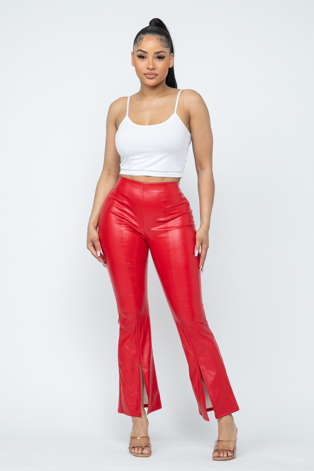 Scarlet Stunner Faux Leather High-Waisted Front Slit Flare Pants