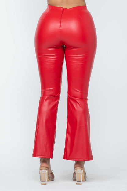 Scarlet Stunner Faux Leather High-Waisted Front Slit Flare Pants