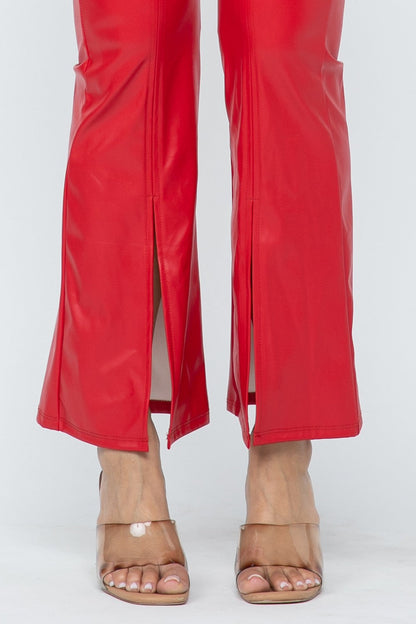 Scarlet Stunner Faux Leather High-Waisted Front Slit Flare Pants