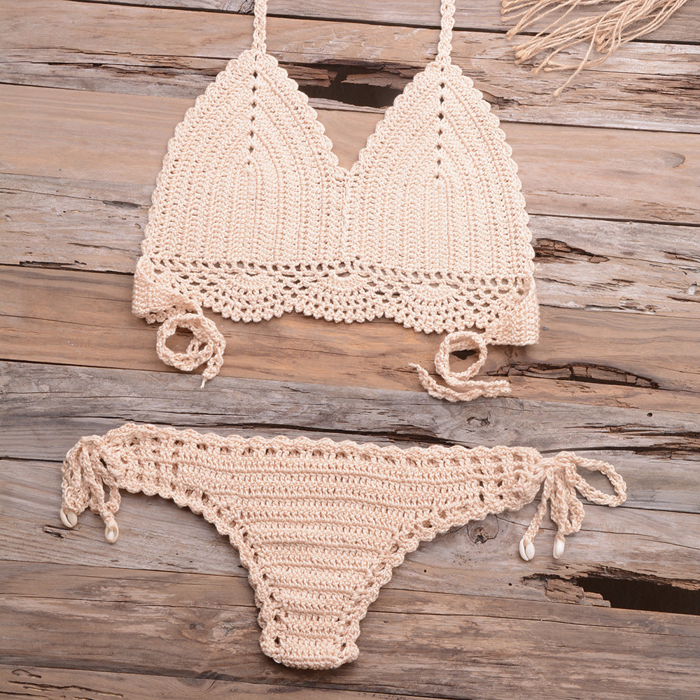 Beach Hollow-out Handmade Woven Split Strap Tank-Top Matching Shell Bikini Briefs