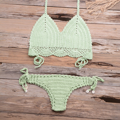 Beach Hollow-out Handmade Woven Split Strap Tank-Top Matching Shell Bikini Briefs
