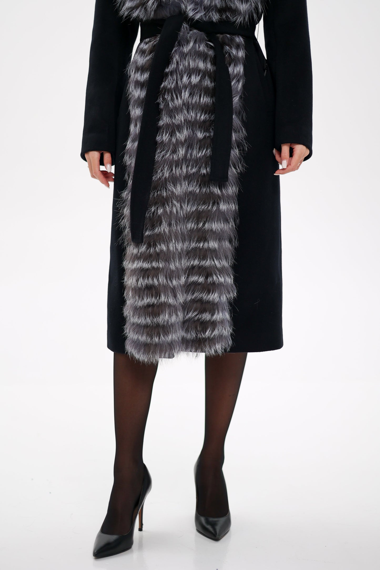Silver Fox Virgin Wool Wrap Coat in Black