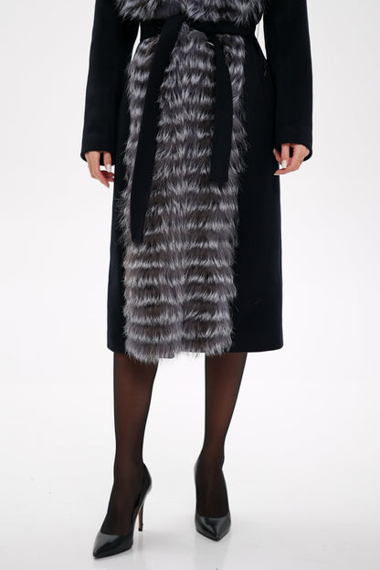 Silver Fox Virgin Wool Wrap Coat in Black