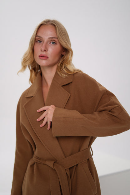 Cambridge Comfort Wraparound Wool Cashmere Coat Dark Camel