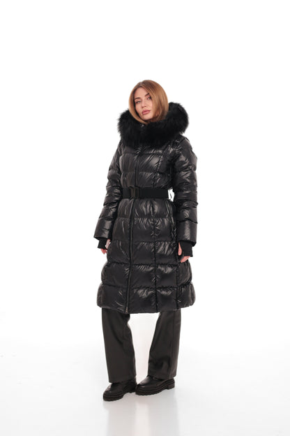 Cyrus Genuine Fur Trim Down Fill Coat in Black