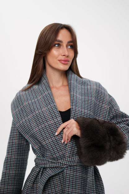 Polar Fox Fur Virgin Wool Wrap Coat