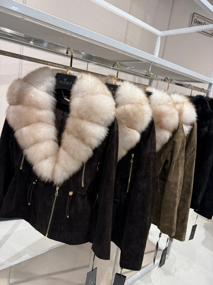 Vivienne Genuine Suede Polar Fox Trim Coat in Cognac