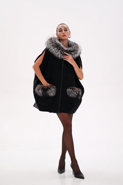 Saga®Furs Silver Fox Wool Alpaca Poncho Vest in Black