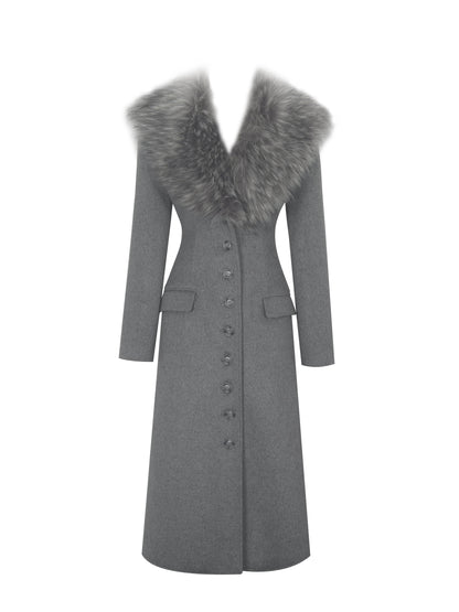 Faye Grey Wool Blend Single-Breasted Coat with Removable Faux Fur Collar