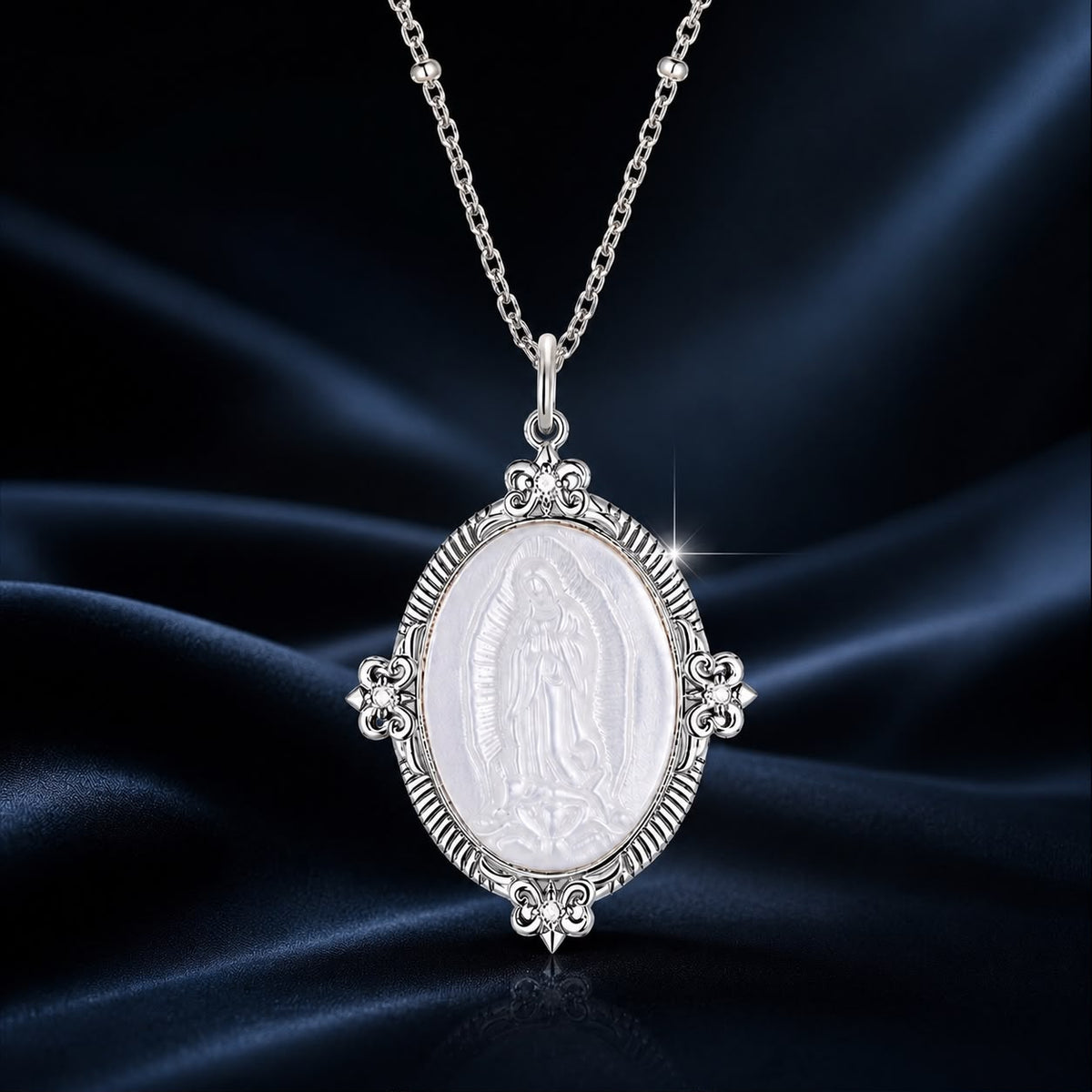 White Gold Plated Sterling Silver Mother of Pearl & CZ Pendant Necklace
