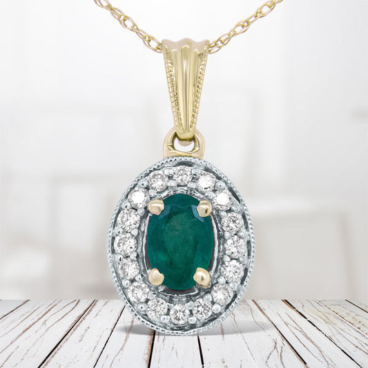 14K Yellow Gold Emerald and Diamond Halo Pendant Necklace