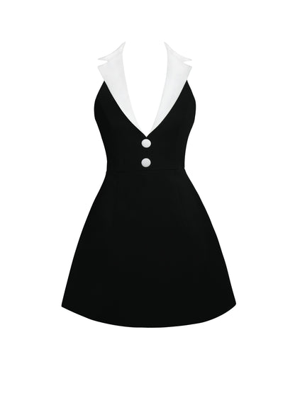 Ignacia Office Casual Black and White Halter Mini A-line Dress