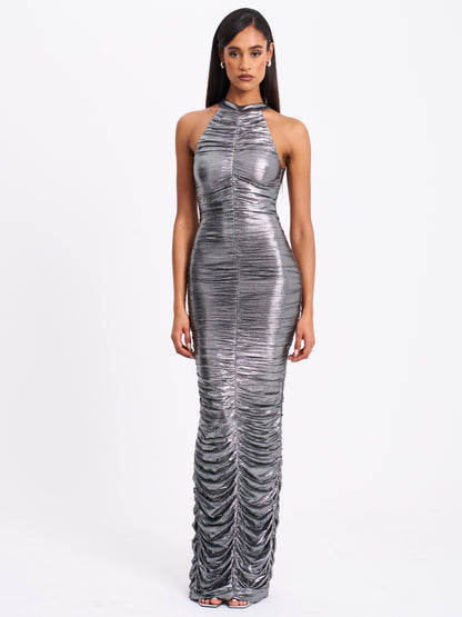 Abril Ruched Silver Glitter Backless Gown
