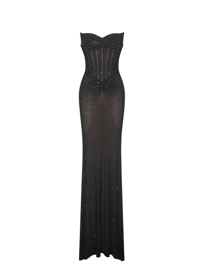 Fatima Black Crystal Sleeveless Corset Mermaid Maxi Dress