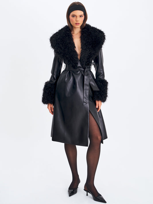 Zariah Black Faux Fur Trimmed Longline Coat