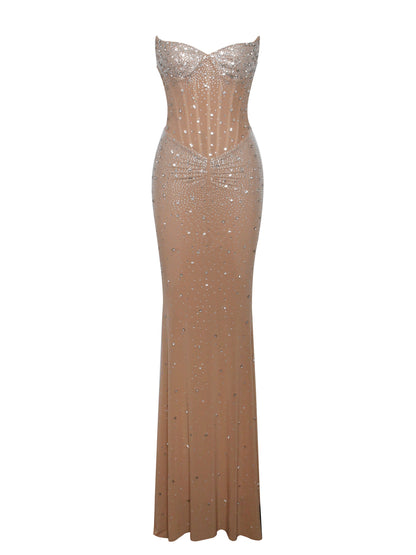 Fatima Nude Crystal Sleeveless Corset Mermaid Maxi Dress