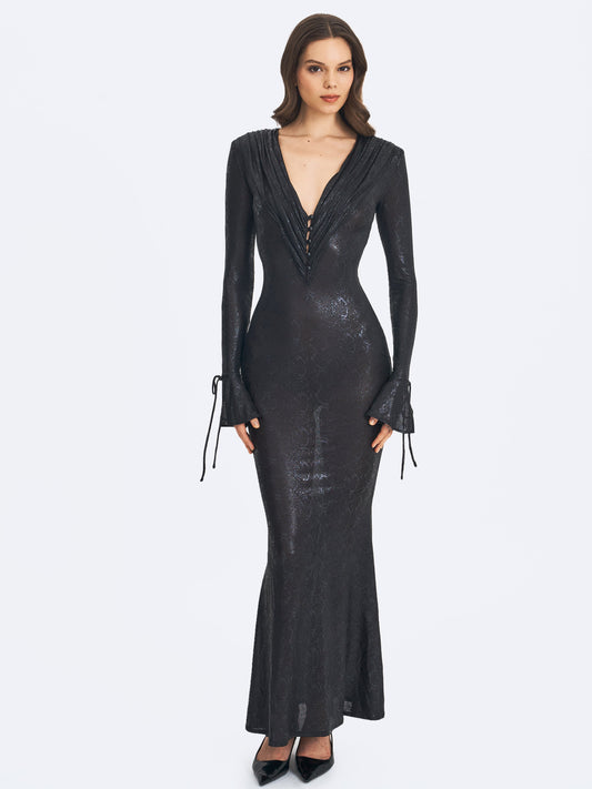 Ilysia Black V-Neck Plunge Snakeskin Mermaid Hem Maxi Dress