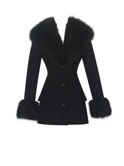 Hailee Black Single Breasted Wool Blend Mini Coat with Removable Fur Lapel